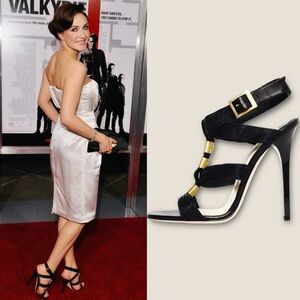 Jimmy Choo Black Waxed Leather ‘Serena’ Brass Hardware Gladiator Heels Size 8.5